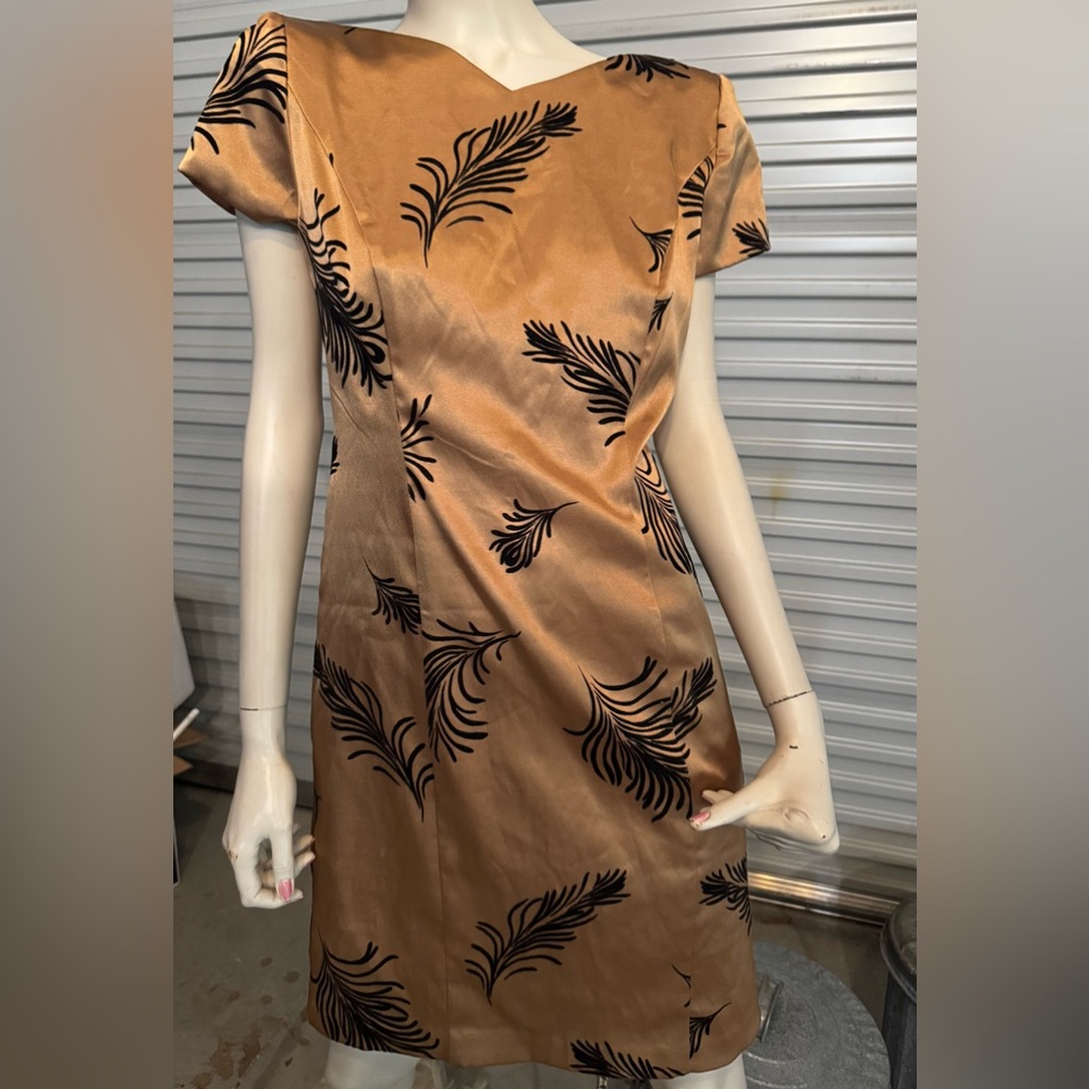 GOLD DRESS w/ BLACK FLOCKED PALM LEAVES by KAREN STEVENS VINTAGE -6 Made in USA
